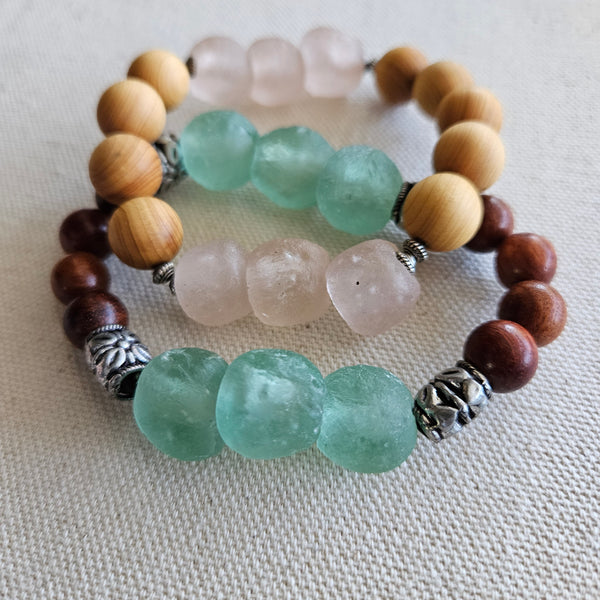 Recycled Pink African Glass and Wood Bracelet
