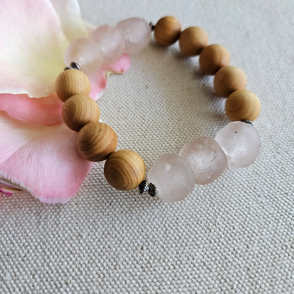Recycled Pink African Glass and Wood Bracelet