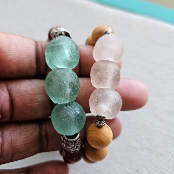 Recycled Pink African Glass and Wood Bracelet