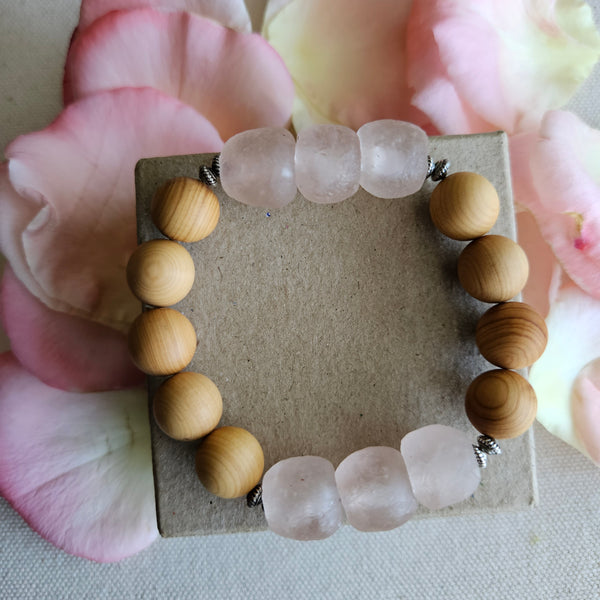 Recycled Pink African Glass and Wood Bracelet