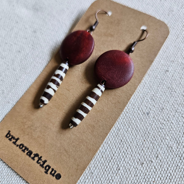 Burgundy Wood and Batik Drop Earrings