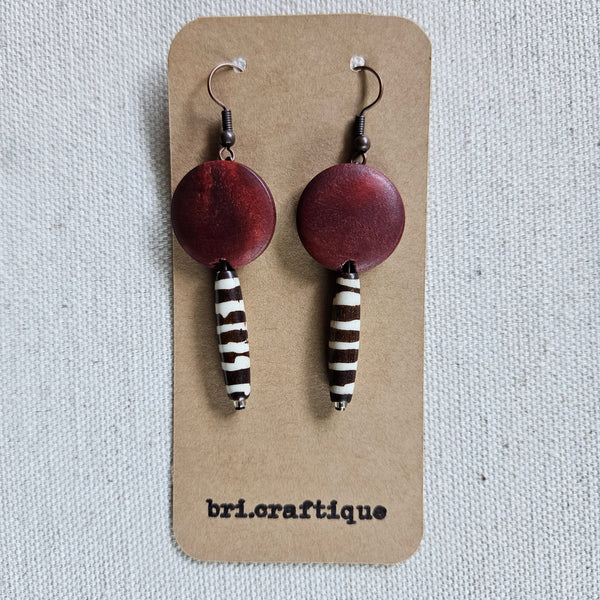 Burgundy Wood and Batik Drop Earrings
