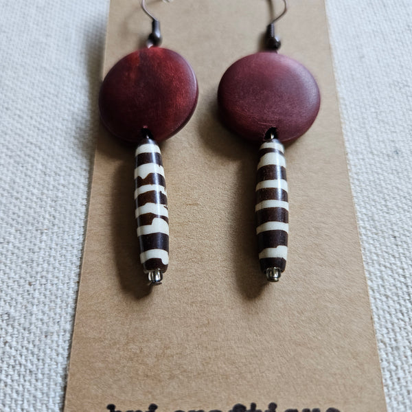 Burgundy Wood and Batik Drop Earrings