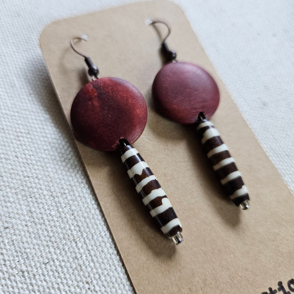 Burgundy Wood and Batik Drop Earrings