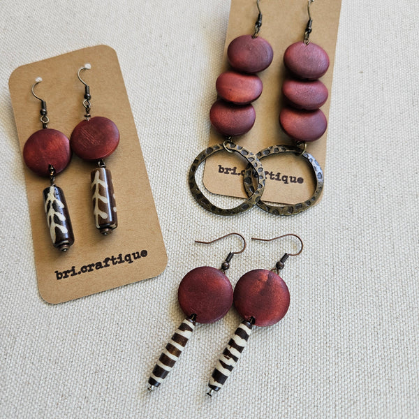 Burgundy Wood and Batik Drop Earrings