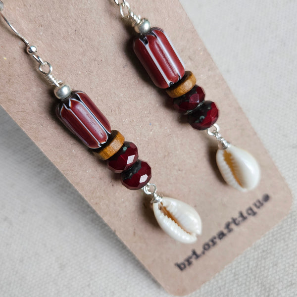 Burgundy & Cowrie Dangles