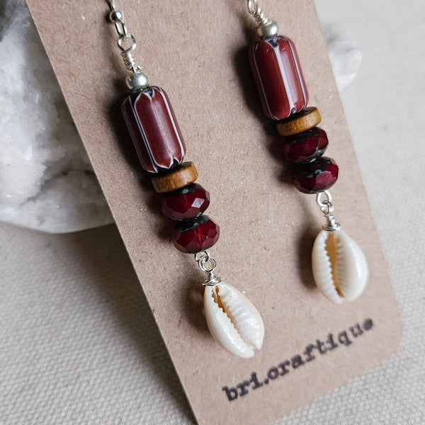 Burgundy & Cowrie Dangles