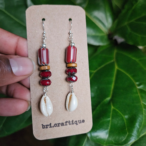 Burgundy & Cowrie Dangles