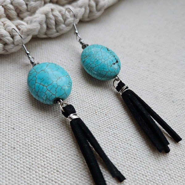 Oval Turquoise Stone and Black Fringe Earrings