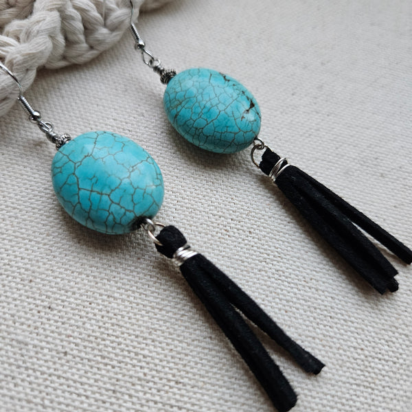 Oval Turquoise Stone and Black Fringe Earrings