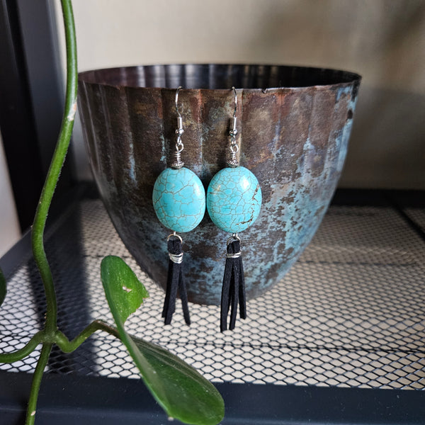 Oval Turquoise Stone and Black Fringe Earrings