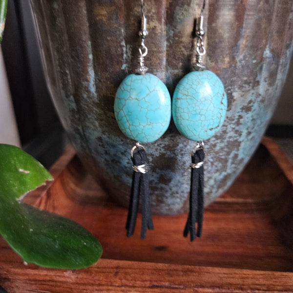 Oval Turquoise Stone and Black Fringe Earrings