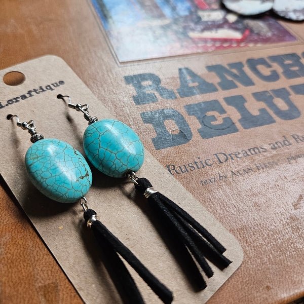 Oval Turquoise Stone and Black Fringe Earrings