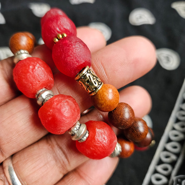 Recycled Burgundy Glass and Wood Bracelet