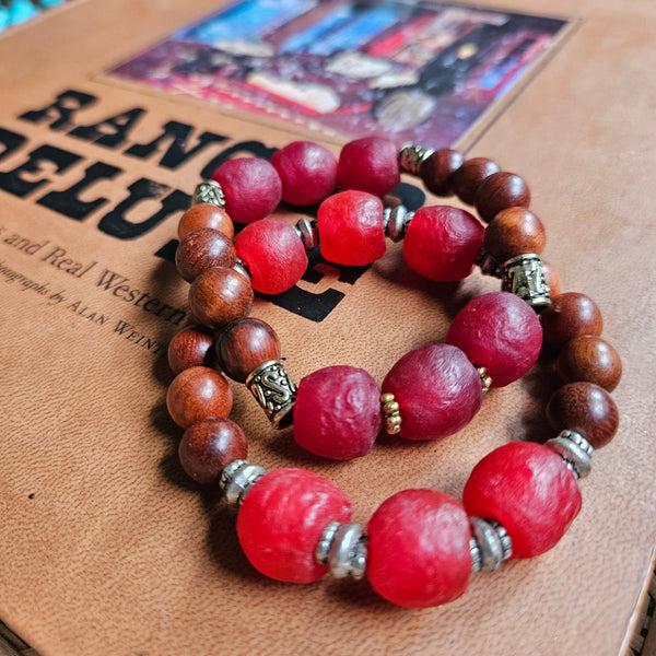 Recycled Burgundy Glass and Wood Bracelet