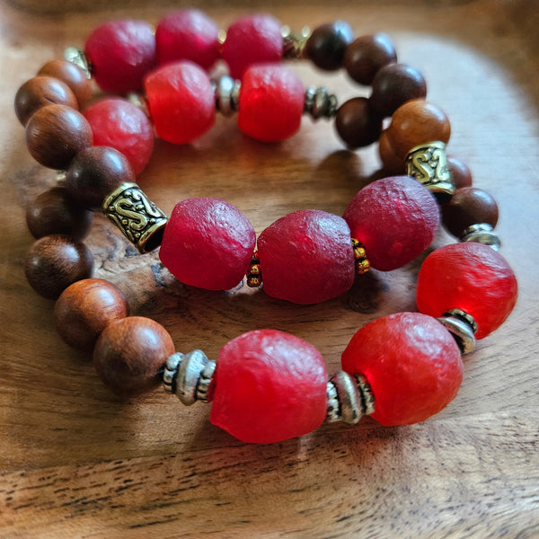Recycled Burgundy Glass and Wood Bracelet