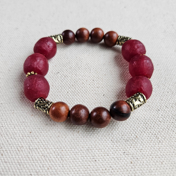 Recycled Burgundy Glass and Wood Bracelet
