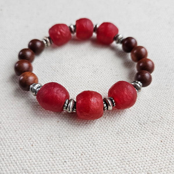 Recycled Red Glass and Wood Bracelet