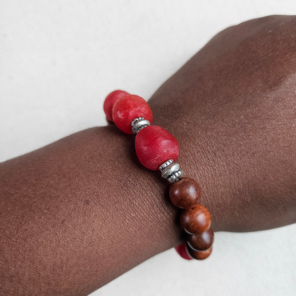 Recycled Red Glass and Wood Bracelet