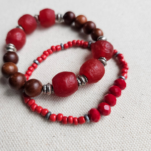Recycled Red Glass and Wood Bracelet
