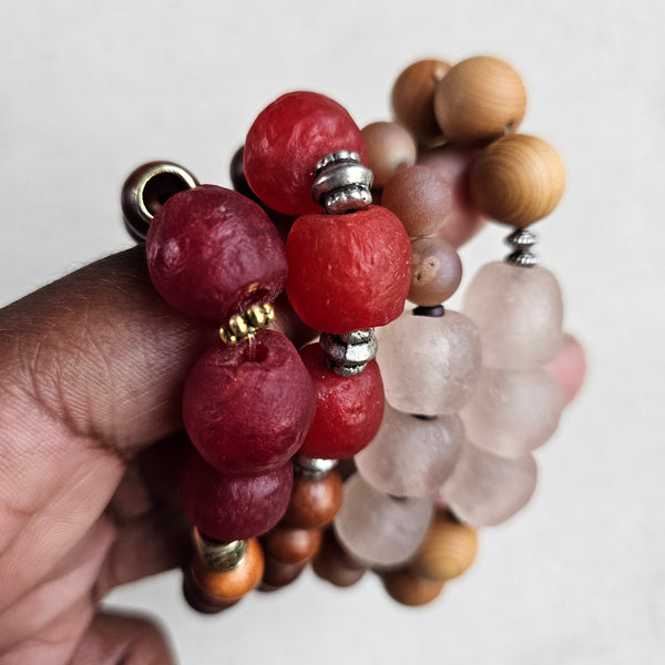 Recycled Burgundy Glass and Wood Bracelet