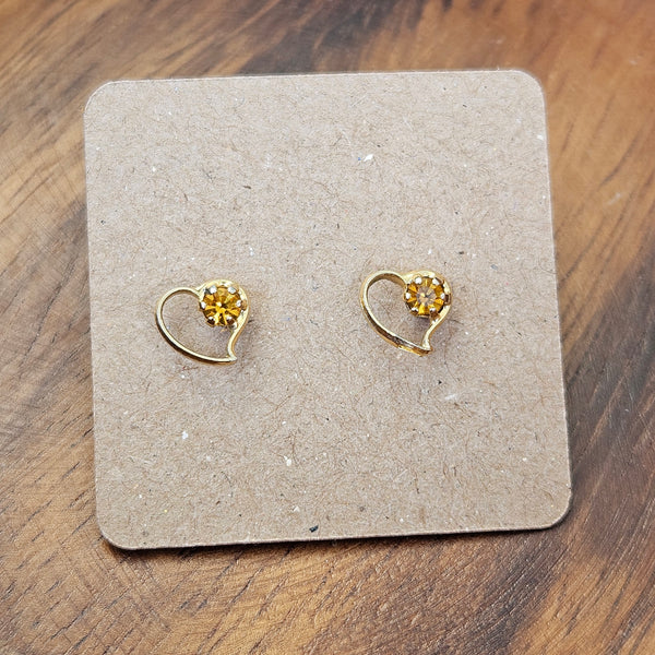 Vintage Amber Colored Gem + Gold Heart Stud Earrings