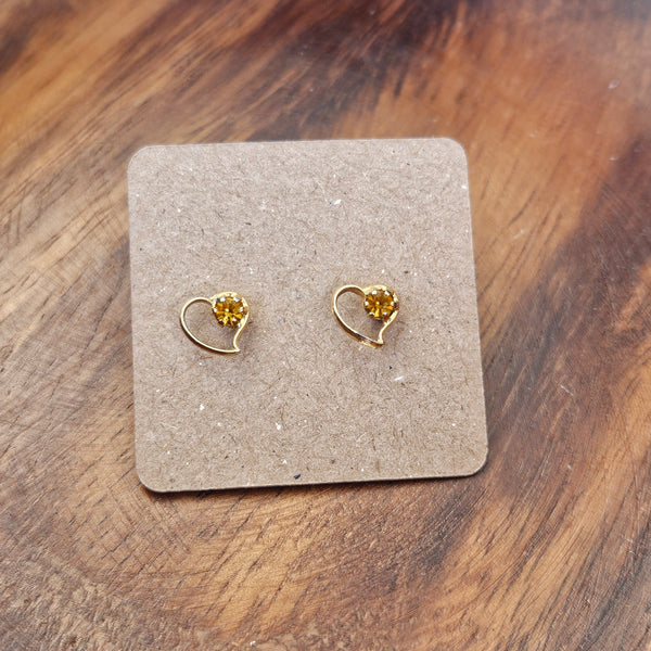 Vintage Amber Colored Gem + Gold Heart Stud Earrings