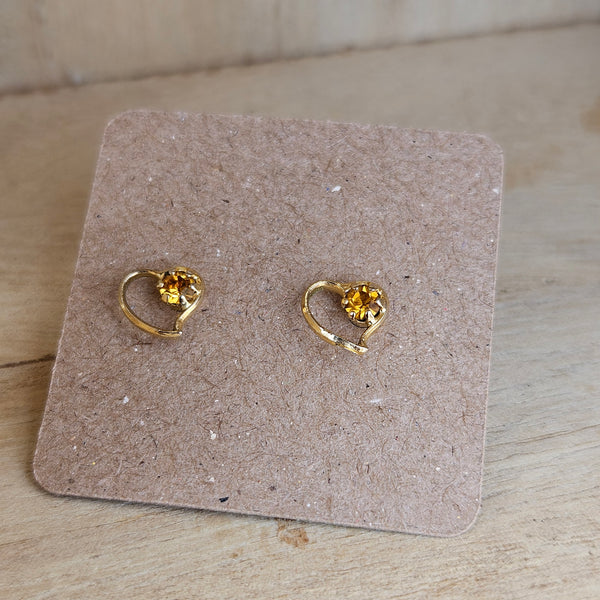 Vintage Amber Colored Gem + Gold Heart Stud Earrings