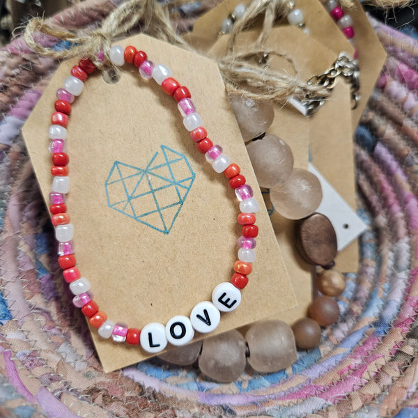 LOVE - Pink Mix Word Beaded Bracelet