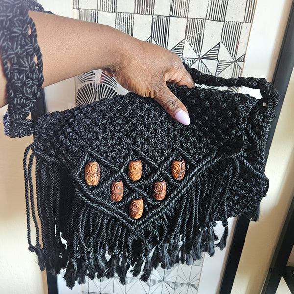 Black Macrame Purse with Wooden Beads