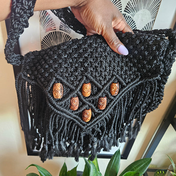 Black Macrame Purse with Wooden Beads