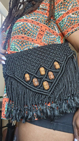 Black Macrame Purse with Wooden Beads