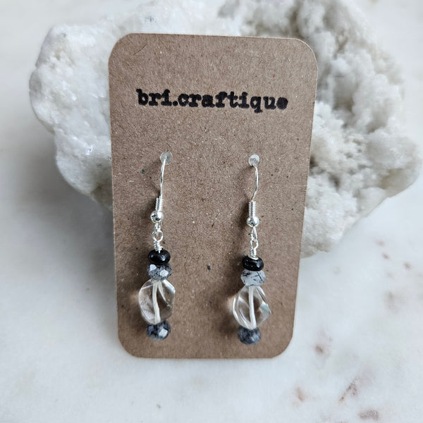 Clear Glass Crystal + Tourmalated Quartz Drop Earrings