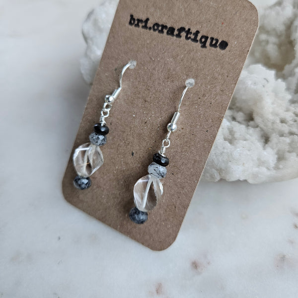 Clear Glass Crystal + Tourmalated Quartz Drop Earrings