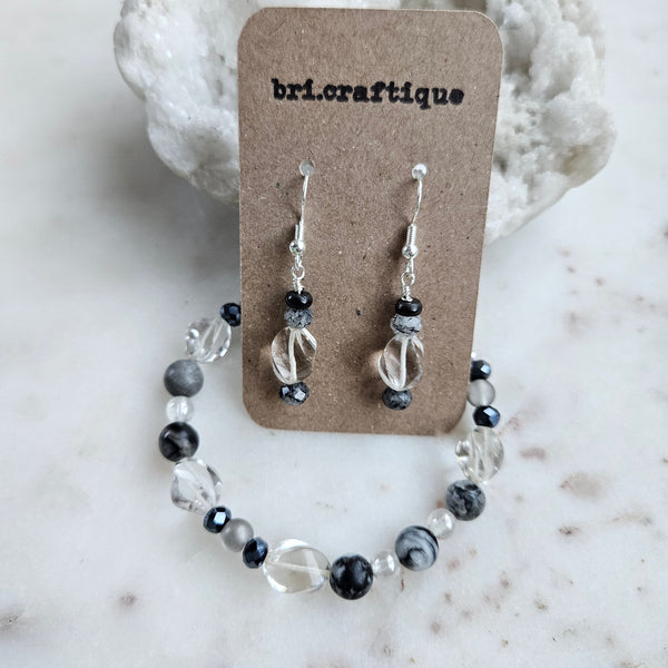 Clear Glass Crystal + Tourmalated Quartz Drop Earrings