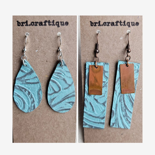 Aqua Blue Leather Teardrop Earrings