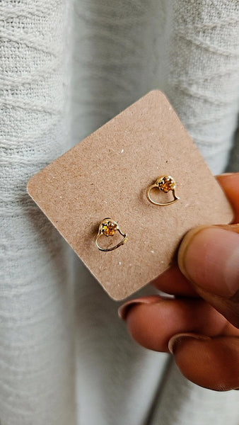 Vintage Amber Colored Gem + Gold Heart Stud Earrings