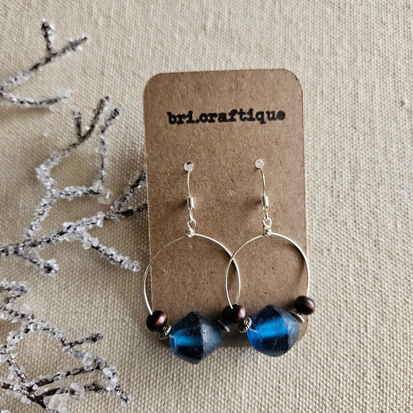 Blue Recycled Glass and Wood Hoop Earrings