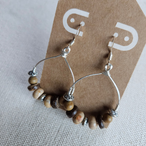 Brown Agate and Coconut Beaded Hoops