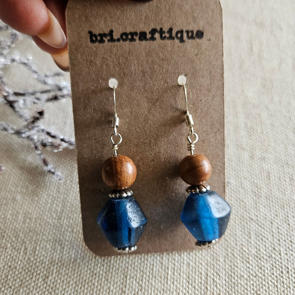 No 2. Blue Recycled Glass and Wood Drop Earrings