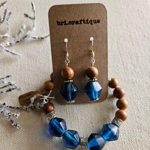 No 2. Blue Recycled Glass and Wood Drop Earrings
