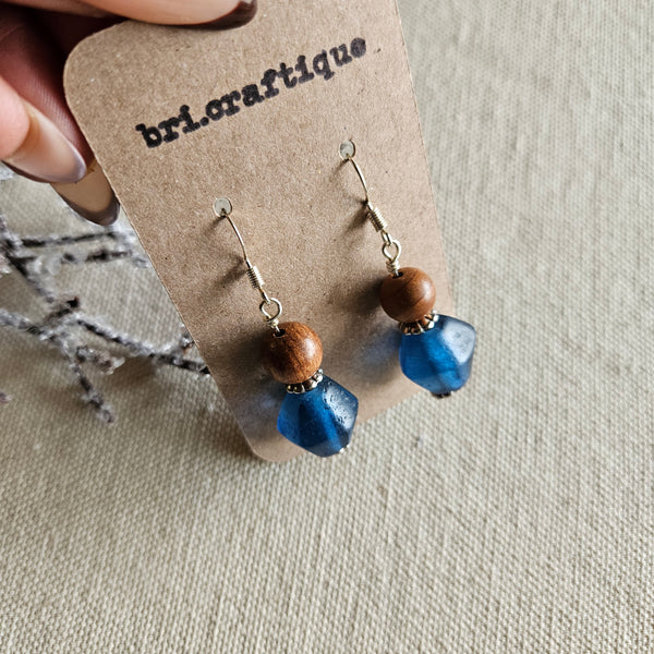 No 2. Blue Recycled Glass and Wood Drop Earrings