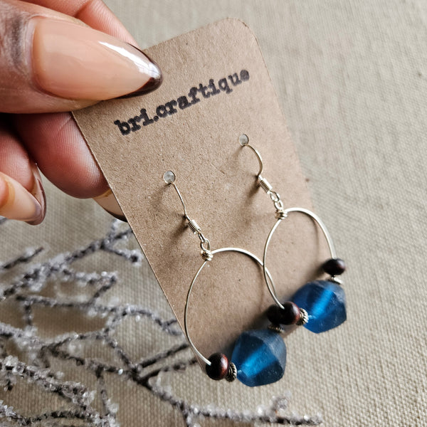 Blue Recycled Glass and Wood Hoop Earrings