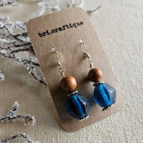 No 2. Blue Recycled Glass and Wood Drop Earrings