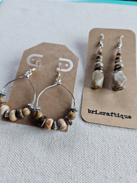 Brown Agate and Coconut Beaded Hoops
