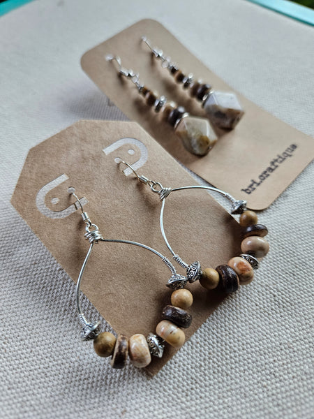 Brown Agate and Coconut Beaded Hoops