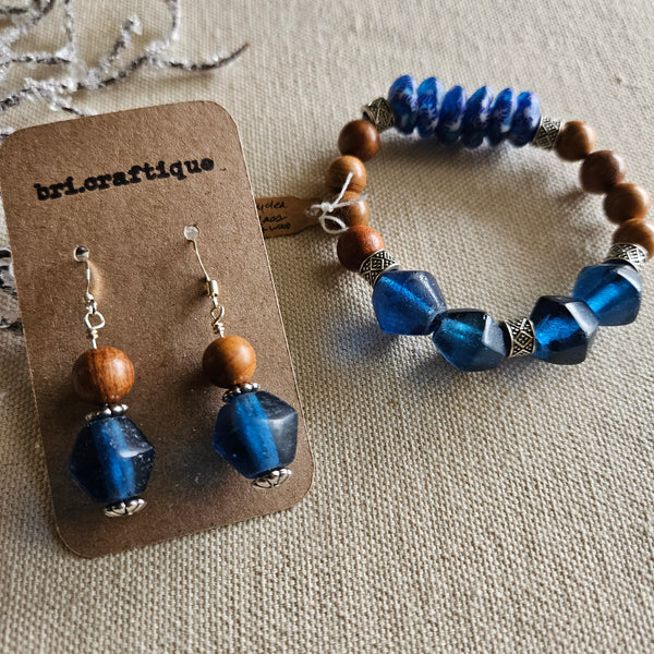 No 2. Blue Recycled Glass and Wood Drop Earrings