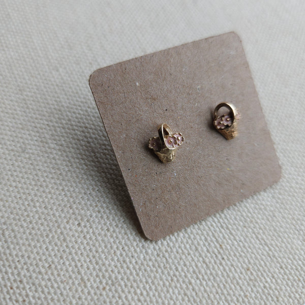 Vintage Avon Gold + Pink Enamel Flower Basket Stud Earrings