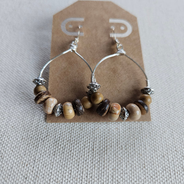 Brown Agate and Coconut Beaded Hoops