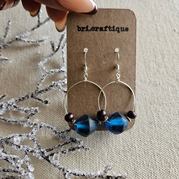 Blue Recycled Glass and Wood Hoop Earrings